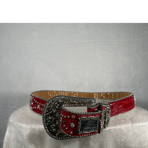 Montana West Red Leather Western Belt Silver Buckle Rhinestones Bling 38 inches